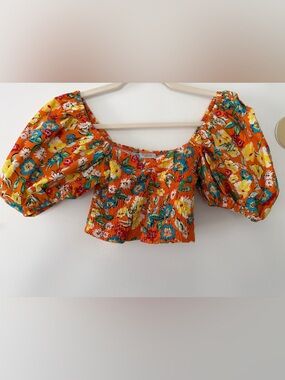 Zara Orange Floral Smocked Off-Shoulder Crop Top women size m